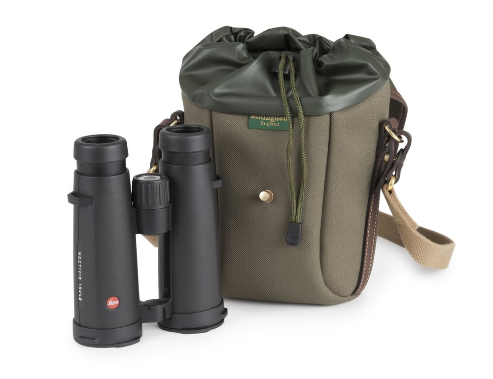 Billingham Galbin 10 in Sage FibreNyte with chocolate leather and the Leica 10x42 binoculars